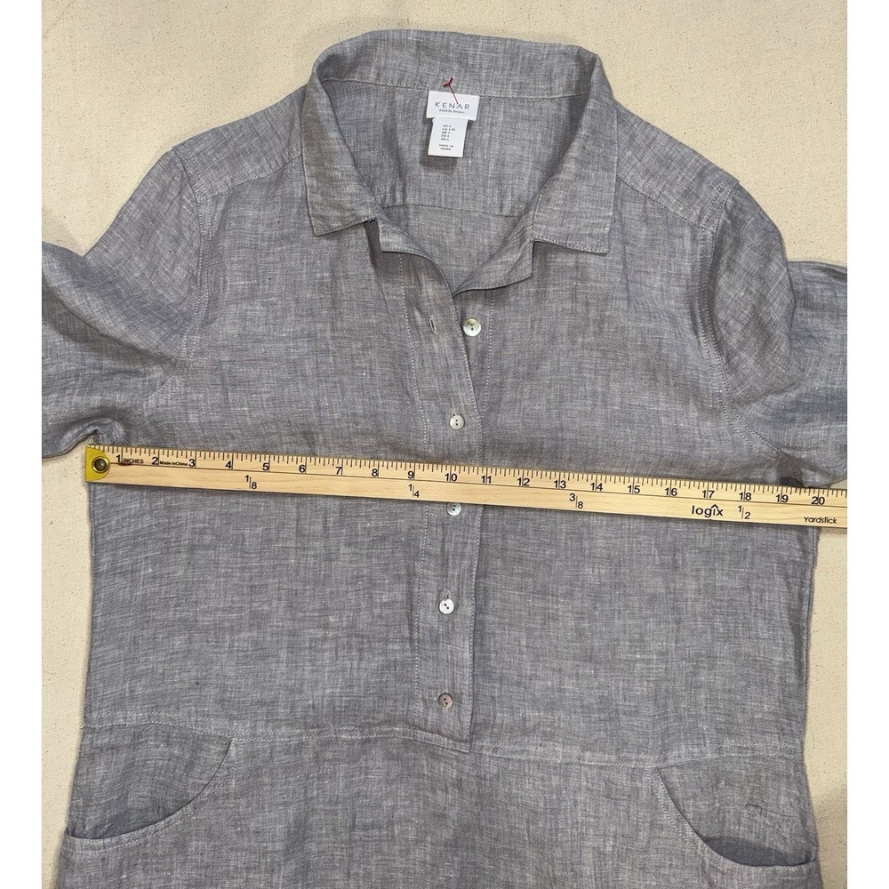 Kenar Gray 100% Linen Woven Shirt Dress Sz Large Collared MOP buttons Pockets - Picture 4 of 9